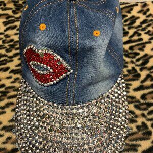 Women's Red Lips Bling and Denim Baseball Hat